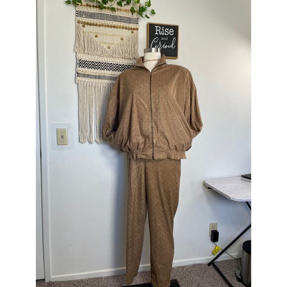 Vintage Caramel Studded Set Satin Lined Bomber Jacket Stretch Pant Suit M - Picture 15 of 16